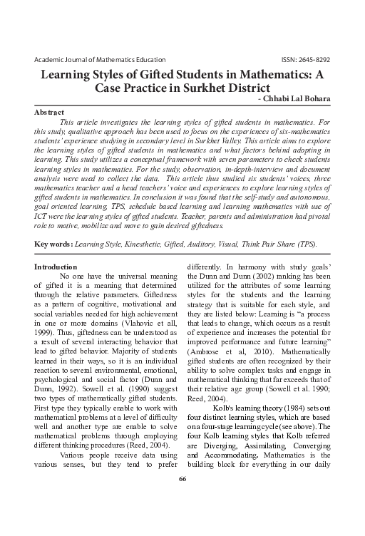(PDF) Learning Styles of Gifted Students in Mathematics: A Case ...