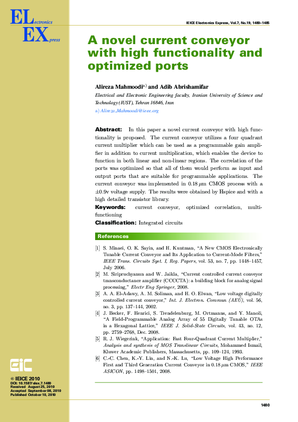 (PDF) A novel current conveyor with high functionality and optimized ports