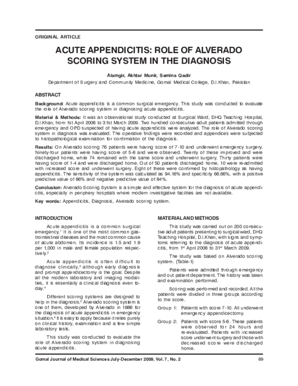 (PDF) Acute Appendicitis: Role of Alverado Scoring System in the Diagnosis