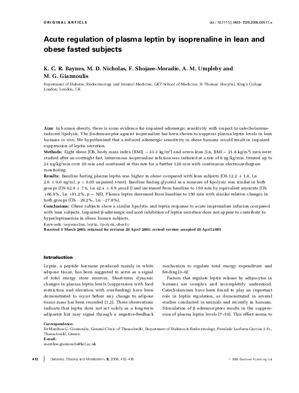 (PDF) Acute regulation of plasma leptin by isoprenaline in lean and ...