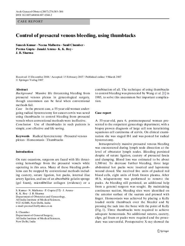 (PDF) Control of presacral venous bleeding, using thumbtacks
