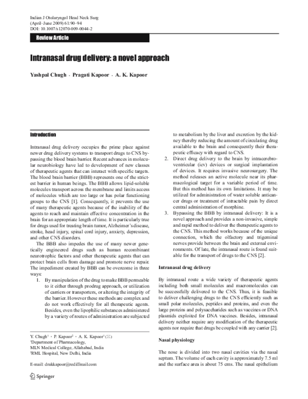 (PDF) Intranasal drug delivery: a novel approach
