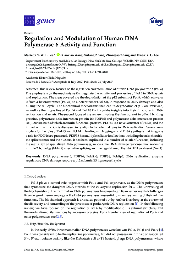 (PDF) Regulation and Modulation of Human DNA Polymerase δ Activity and ...