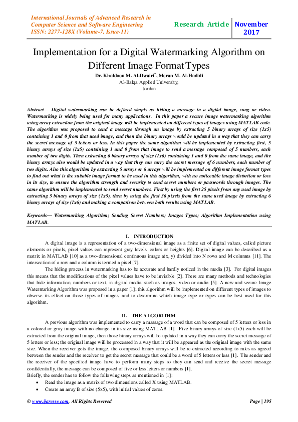 (PDF) Implementation for a Digital Watermarking Algorithm on Different ...