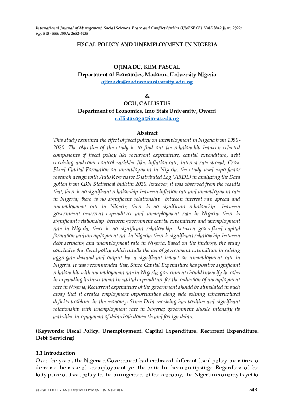 (PDF) FISCAL POLICY AND UNEMPLOYMENT IN NIGERIA