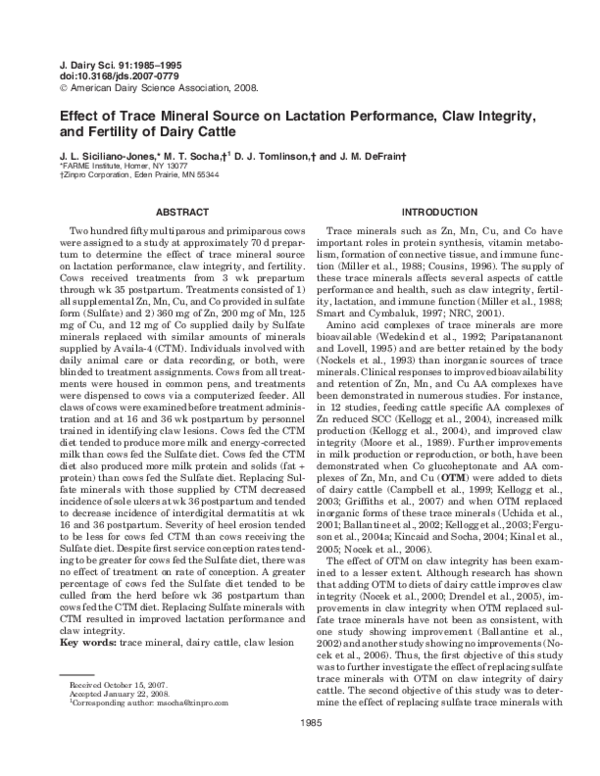 (PDF) Effect of Trace Mineral Source on Lactation Performance, Claw ...