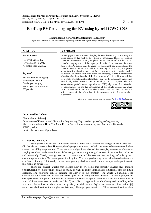 (PDF) Roof top PV for charging the EV using hybrid GWOCSA
