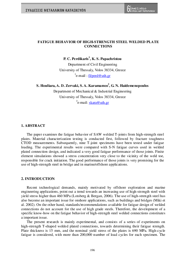 (PDF) Fatigue Behavior of High-Strength Steel Welded Plate Connections