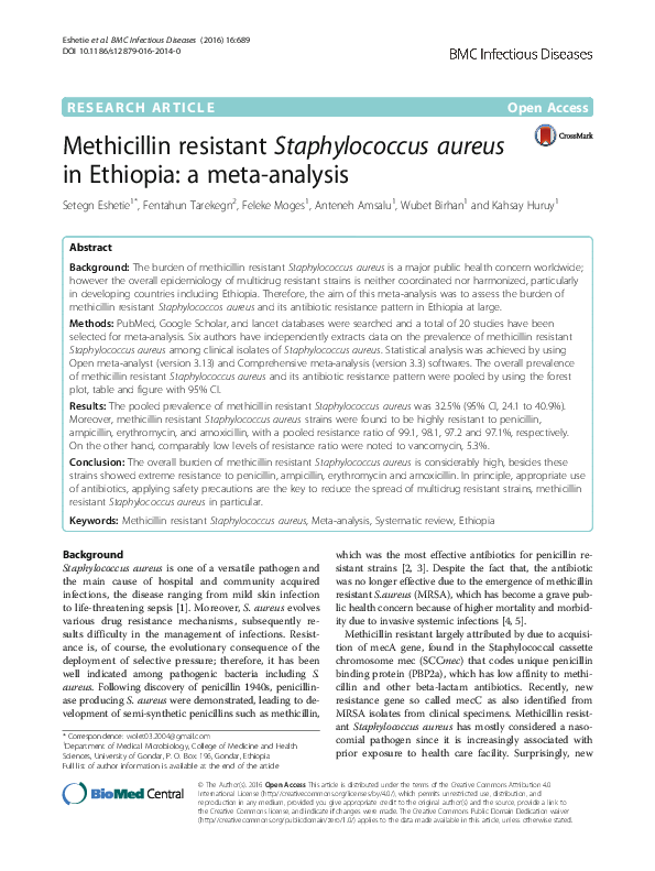 (PDF) Methicillin resistant Staphylococcus aureus in Ethiopia: a meta ...