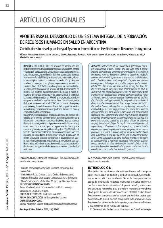 APORTEs PARA EL DEsARROLLO DE Un sIsTEMA InTEGRAL DE InFORMACIÓn DE RECURsOs HUMAnOs En sALUD En ARGEnTInA