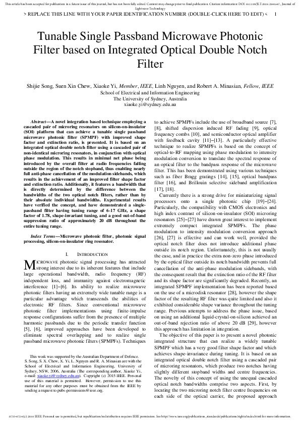 (PDF) Tunable single passband microwave photonic filter based on direct ...