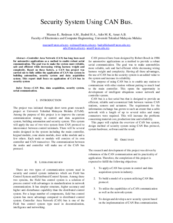 (PDF) SeCURITy SySTem USINg CONTROlleR AReA NeTwORk ( CAN )