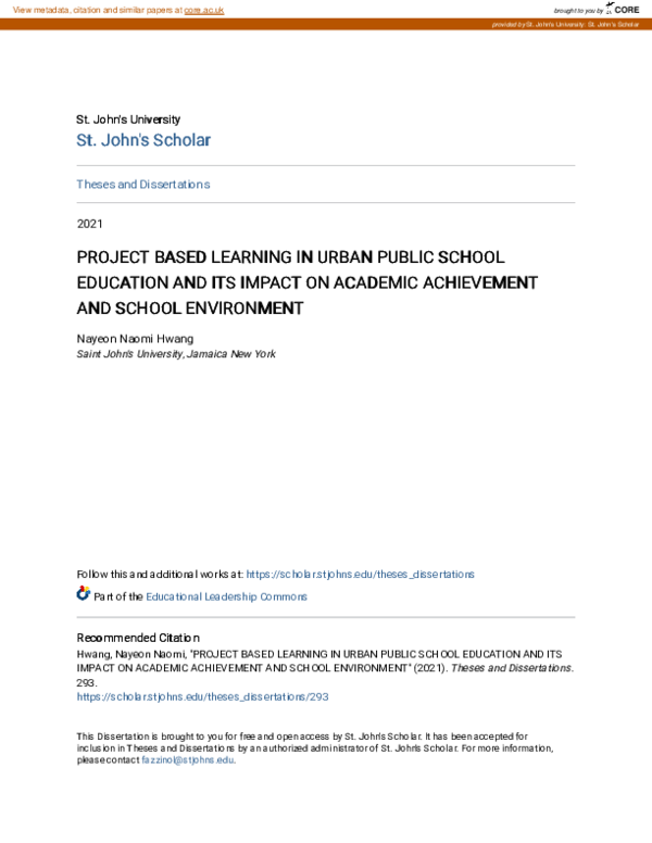 (PDF) Project Based Learning in Urban Public School Education and Its ...
