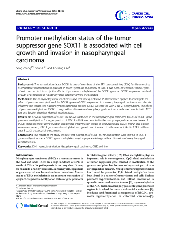 (PDF) Promoter methylation status of the tumor suppressor gene SOX11 is ...