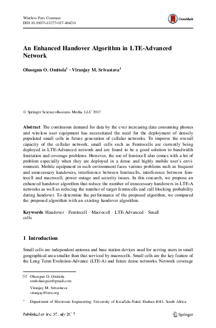 (PDF) An Enhanced Handover Algorithm in LTE-Advanced Network