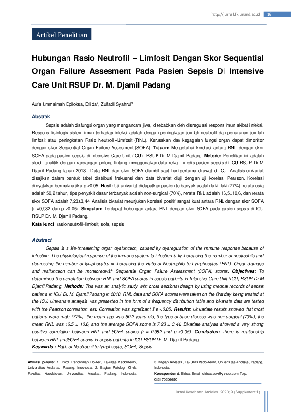 (PDF) Hubungan Rasio Neutrofil – Limfosit Dengan Skor Sequential Organ ...