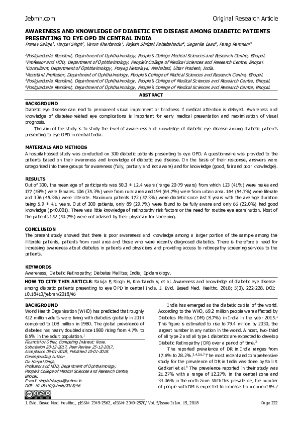 (PDF) Awareness and Knowledge of Diabetic Eye Disease Among Diabetic ...
