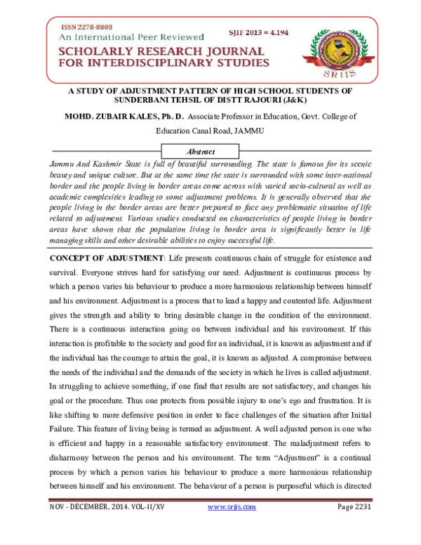 (PDF) A STUDY OF ADJUSTMENT PATTERN OF HIGH SCHOOL STUDENTS OF ...