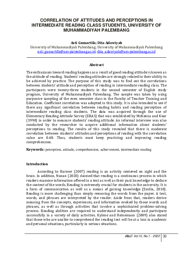 (PDF) Correlation of Attitudes and Perceptions in Intermediate Reading ...