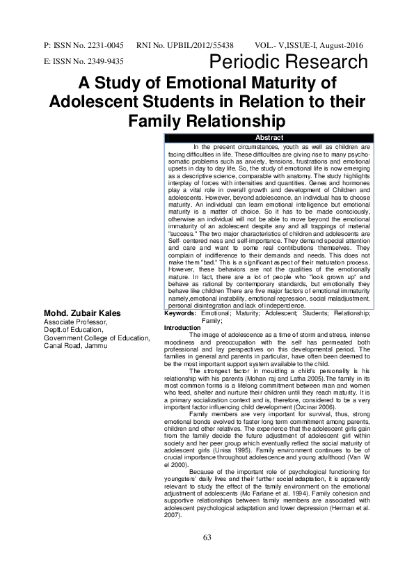 (PDF) A Study of Emotional Maturity of Adolescent Students in Relation ...