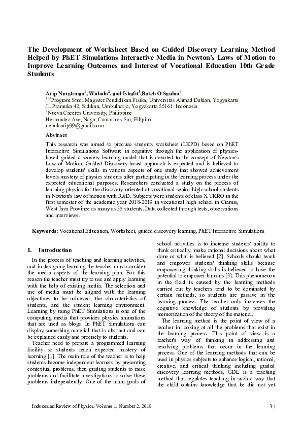 (PDF) The Development of Worksheet Based on Guided Discovery Learning ...