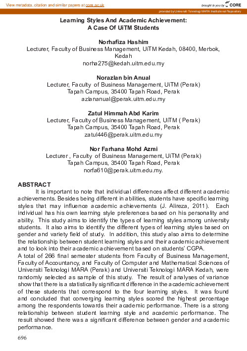 (PDF) Learning styles and academic achievement: a case of UiTM students ...