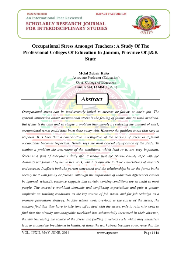 (PDF) Occupational Stress Amongst Teachers A Study Of The Professional ...