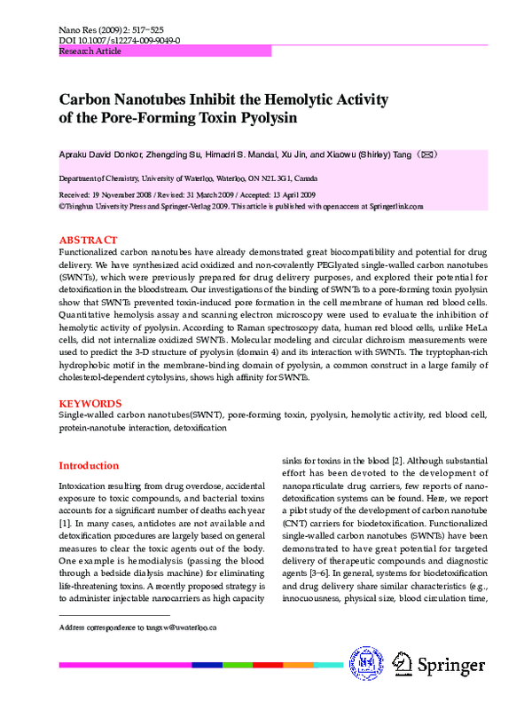 (PDF) Carbon nanotubes inhibit the hemolytic activity of the pore ...