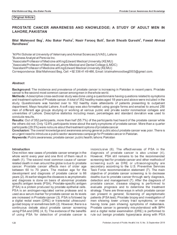(PDF) Prostate Cancer Awareness and Knowledge; a Study of Adult Men in ...