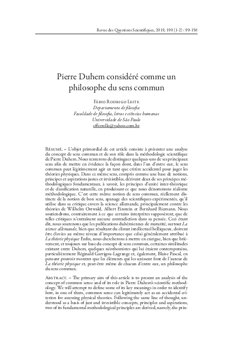 (PDF) Pierre Duhem considéré comme un philosophe du sens commun