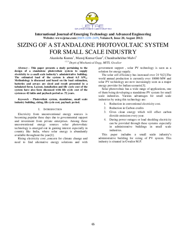 (PDF) Sizing of a Standalone Photovoltaic System for Small Scale Industry