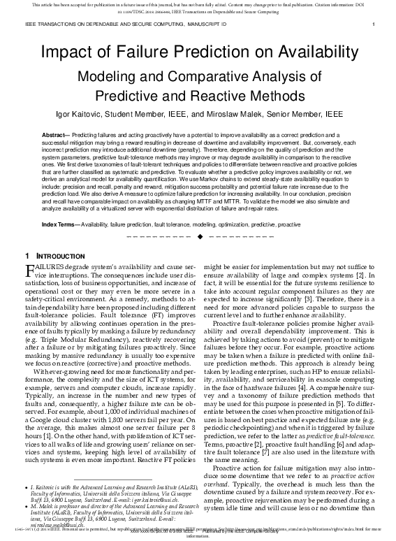 (PDF) Impact of Failure Prediction on Availability: Modeling and ...
