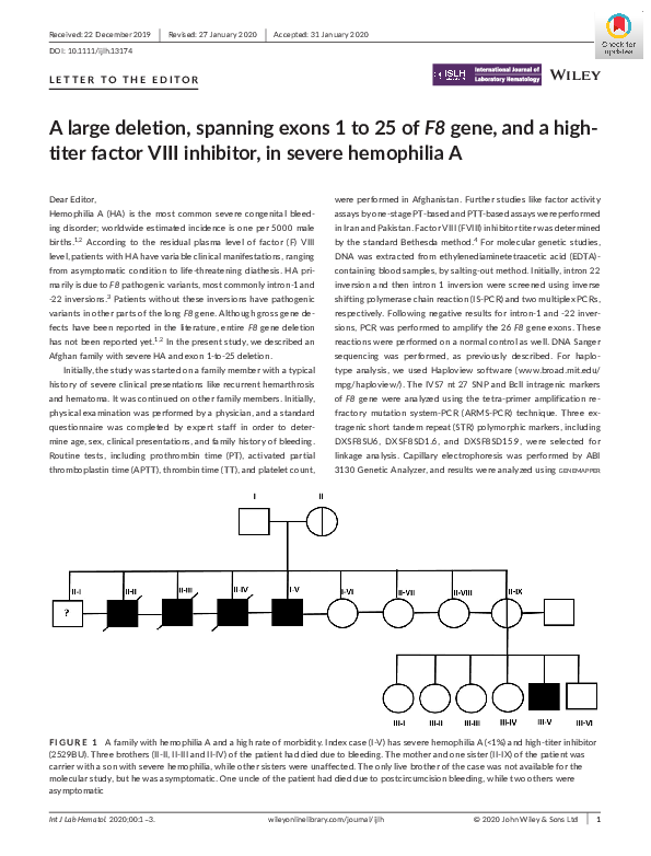 (PDF) A large deletion, spanning exons 1 to 25 of F8 gene, and a high ...