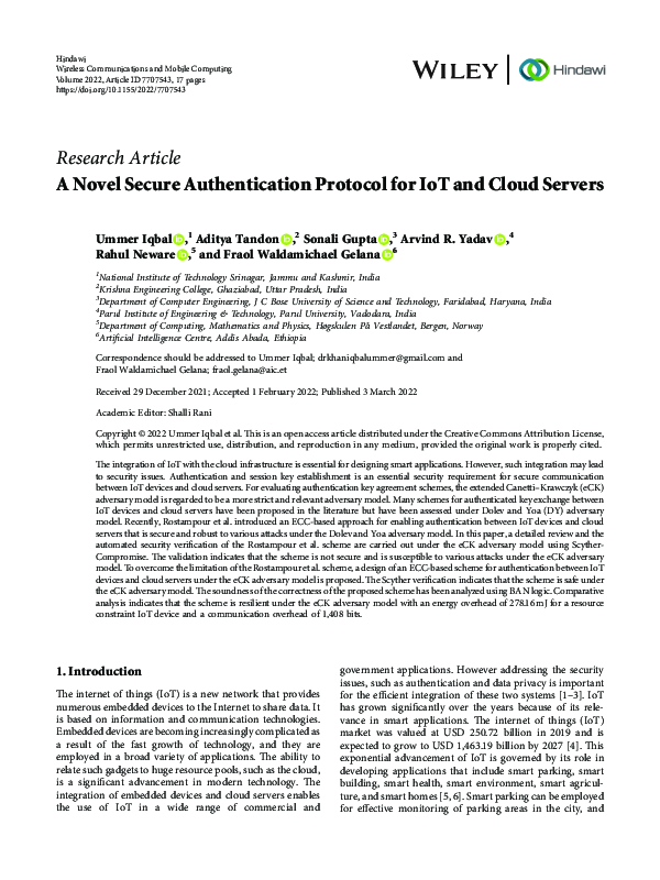 (PDF) A Novel Secure Authentication Protocol for IoT and Cloud Servers