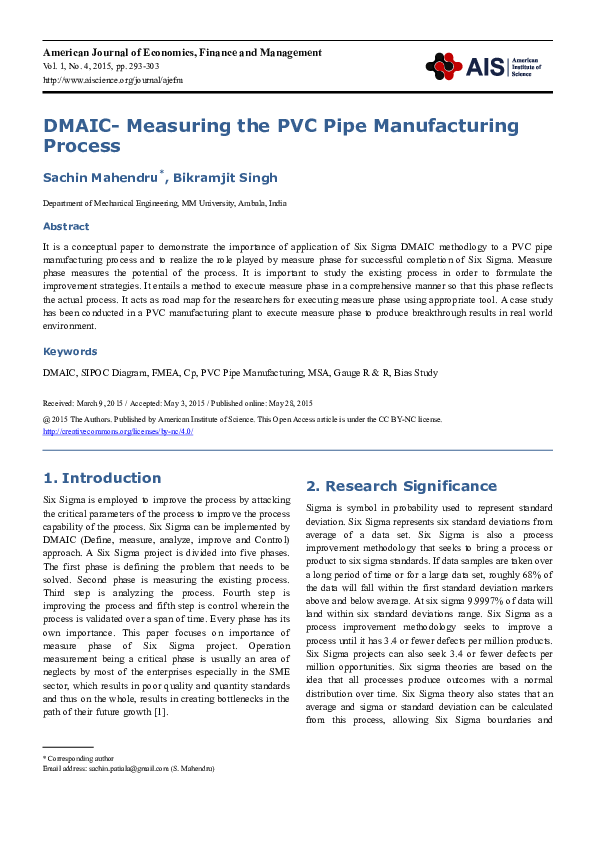 (PDF) DMAIC Measuring the PVC Pipe Manufacturing Process Bikram Jit