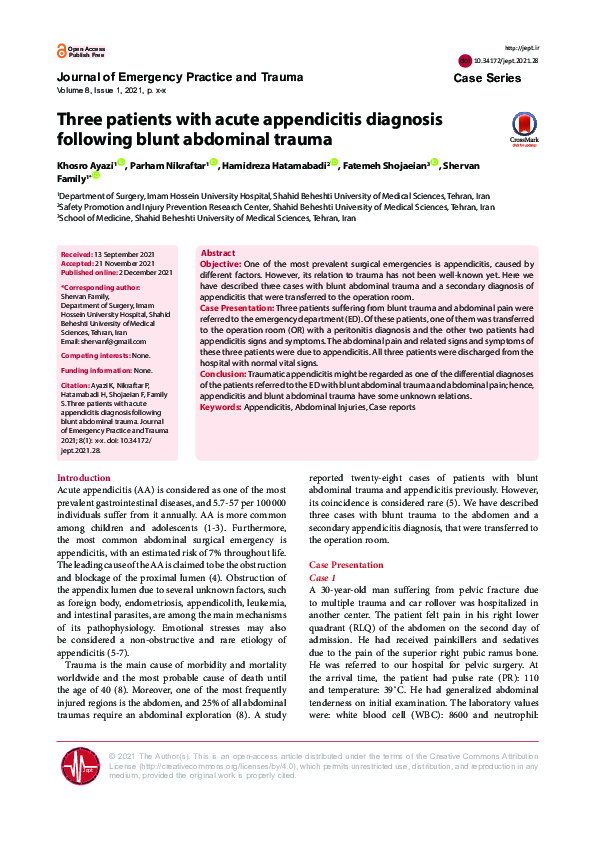Three patients with acute appendicitis diagnosis following blunt abdominal trauma