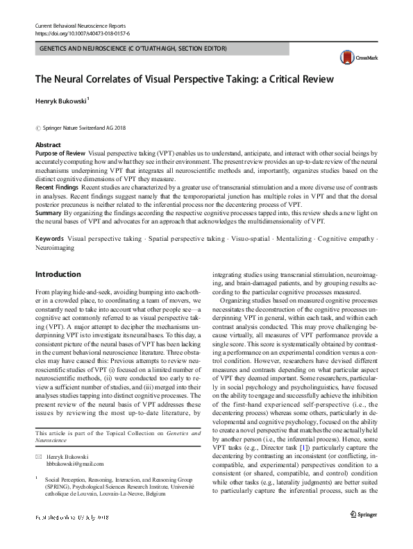 (PDF) The Neural Correlates of Visual Perspective Taking: a Critical Review