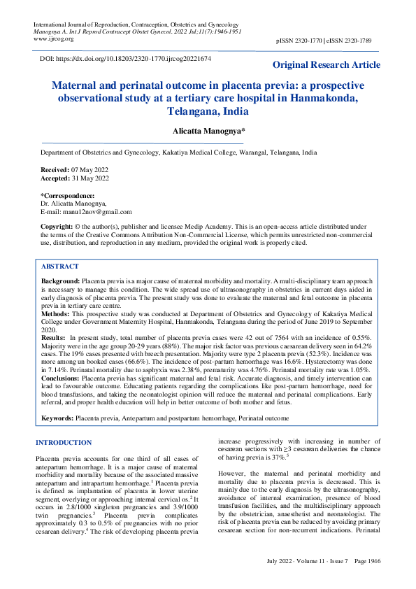 (PDF) Maternal and perinatal outcome in placenta previa: a prospective ...