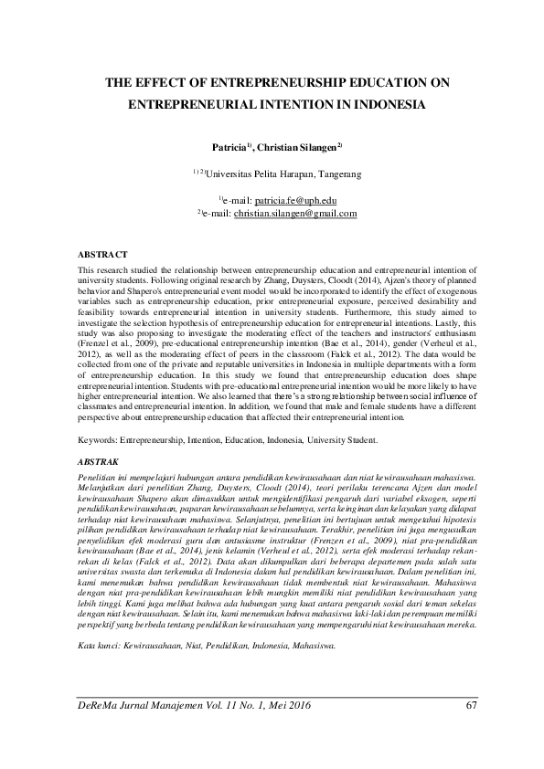 (PDF) The Effect of Entrepreneurship Education on Entrepreneurial ...