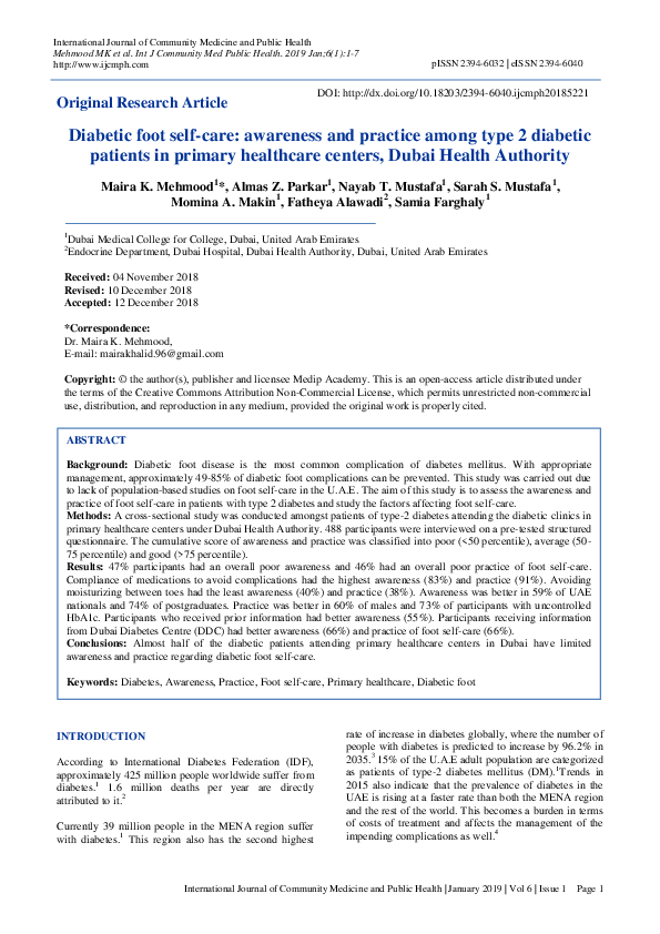 (PDF) Diabetic foot self-care: awareness and practice among type 2 ...