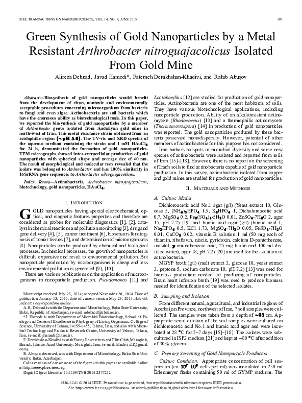 (PDF) Green Synthesis of Gold Nanoparticles by a Metal Resistant ...