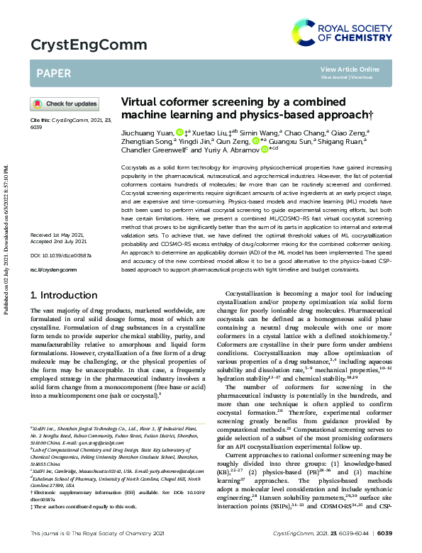 (PDF) Virtual coformer screening by a combined machine learning and ...