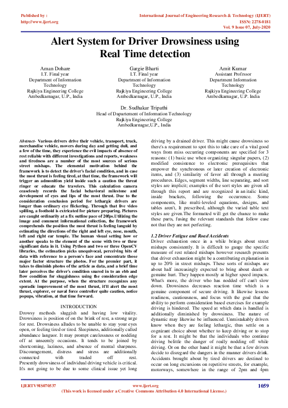 (PDF) Alert System for Driver Drowsiness using Real Time detection