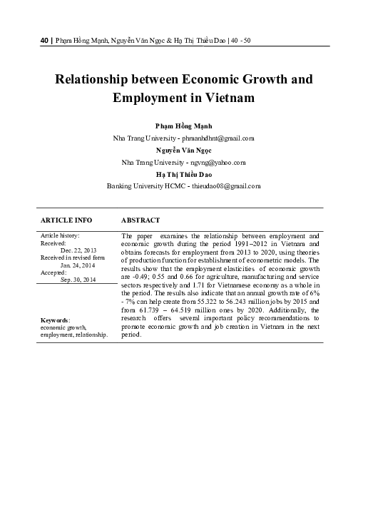(PDF) Relationship between Economic Growth and Employment in Vietnam