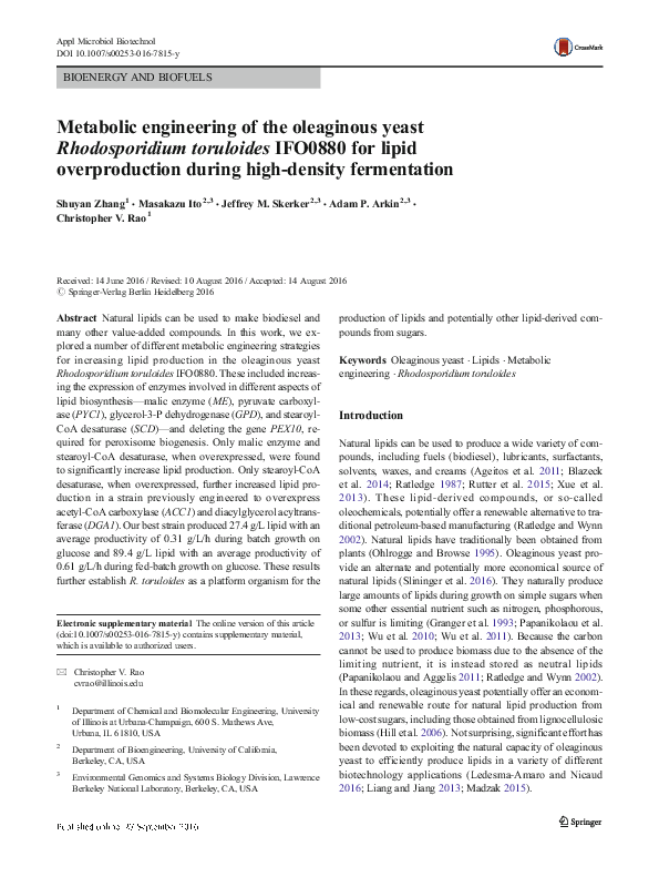 (PDF) Metabolic engineering of the oleaginous yeast Rhodosporidium ...