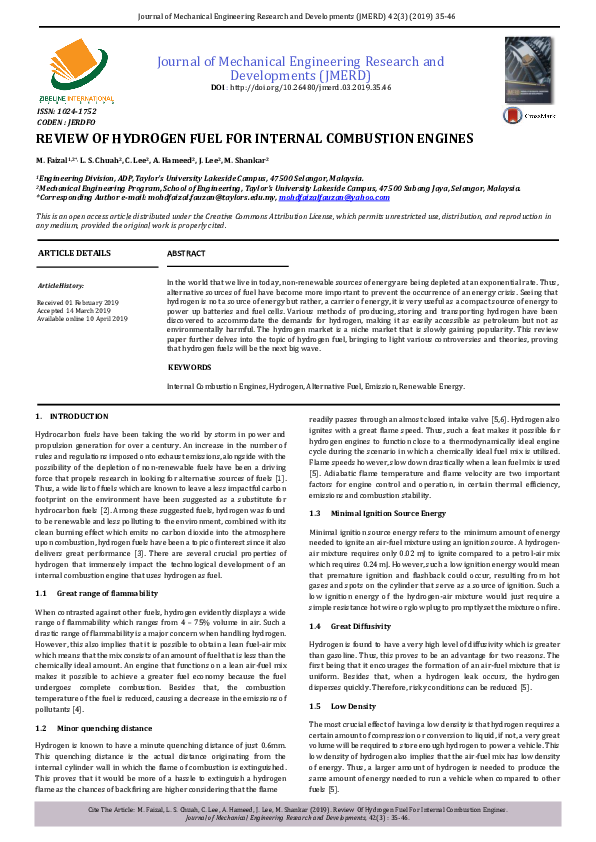 (PDF) Review of Hydrogen Fuel for Internal Combustion Enginesreview of ...
