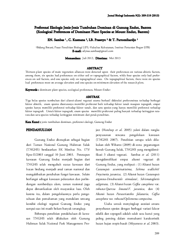 (PDF) Preferensi Ekologis Jenis-Jenis Tumbuhan Dominan Di Gunung Endut