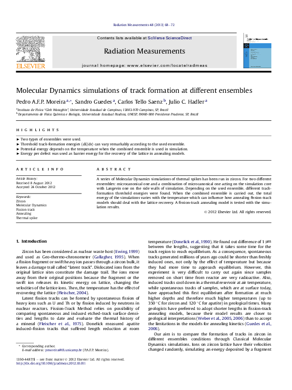 (PDF) Molecular Dynamics simulations of track formation at different ...