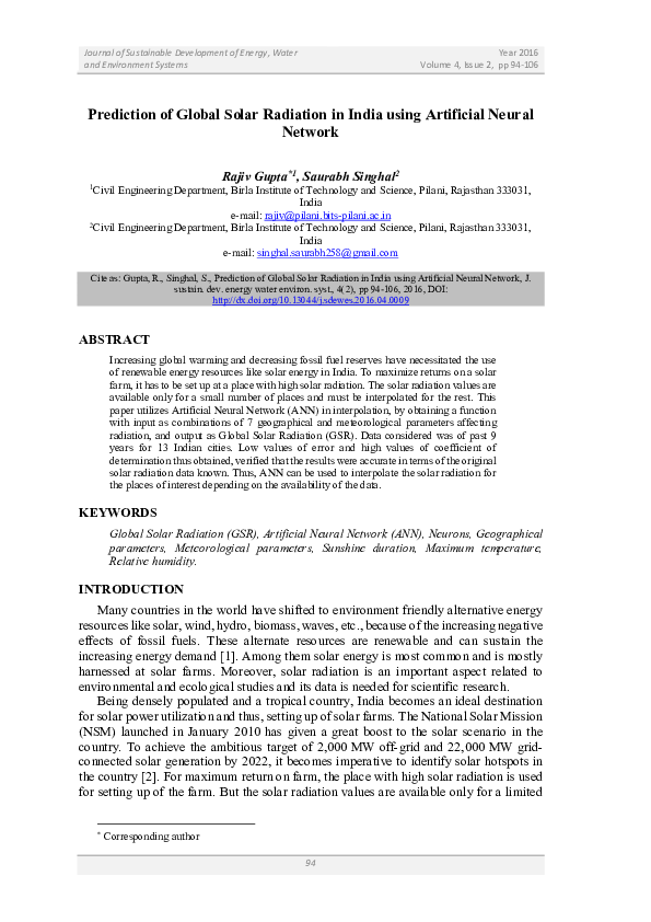 (PDF) Prediction of Global Solar Radiation in India Using Artificial ...