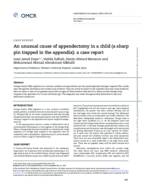 (PDF) An unusual cause of appendectomy in a child (a sharp pin trapped ...